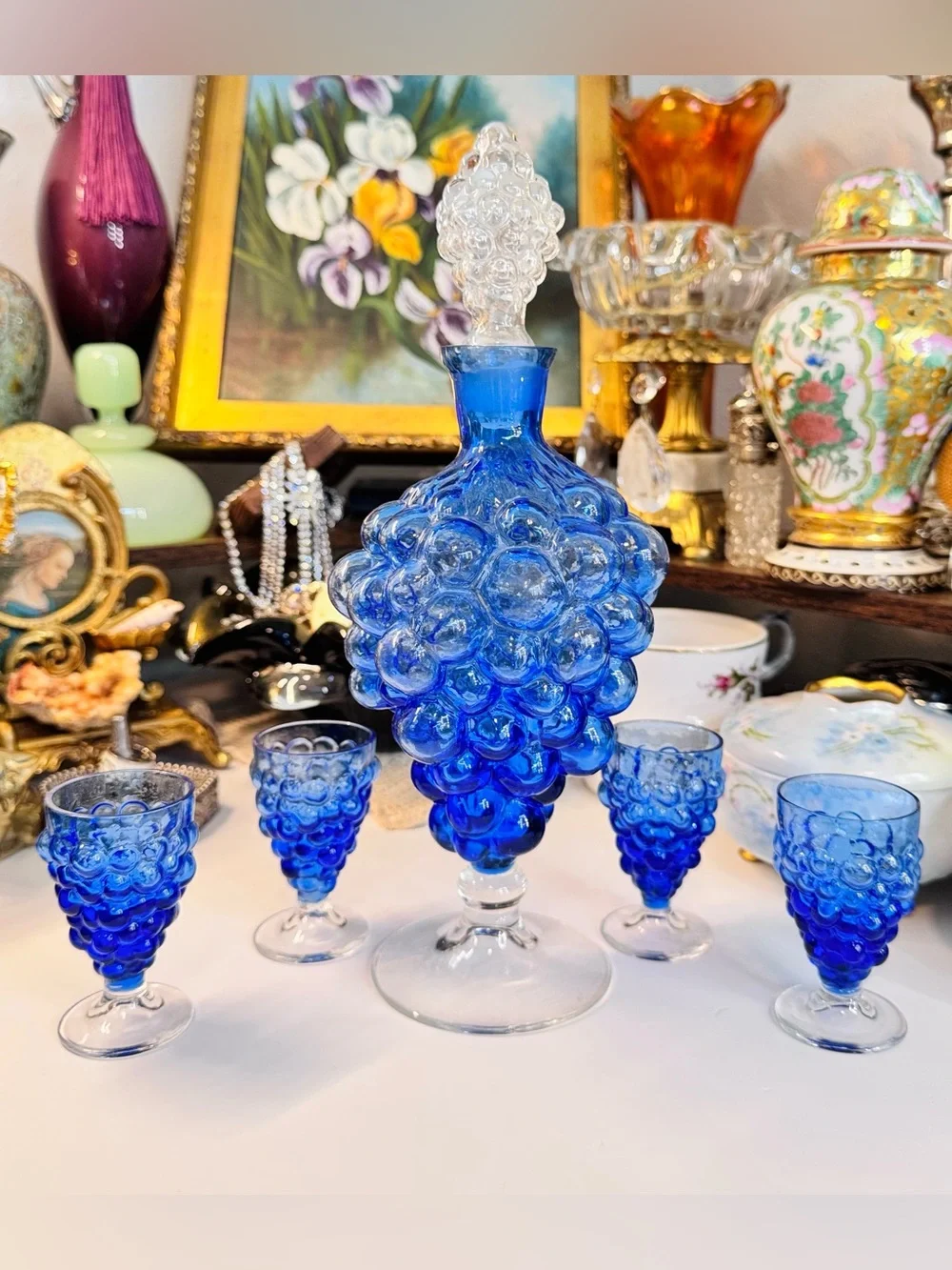 1950s–1960s Empoli Italian Cobalt Blue Grape Cluster Glass Decanter Set